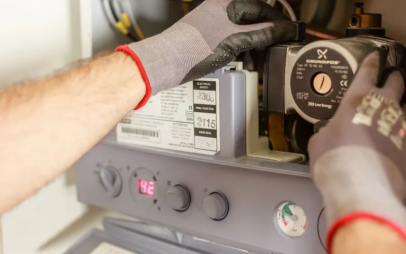 Technician adjusting a residential boiler circulation pump